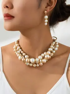 Elegant Pearl Drop Earrings & Multi-Layer Necklace Set, Handmade Knot Design, Perfect for Daily Wear, Parties, Special Occasions