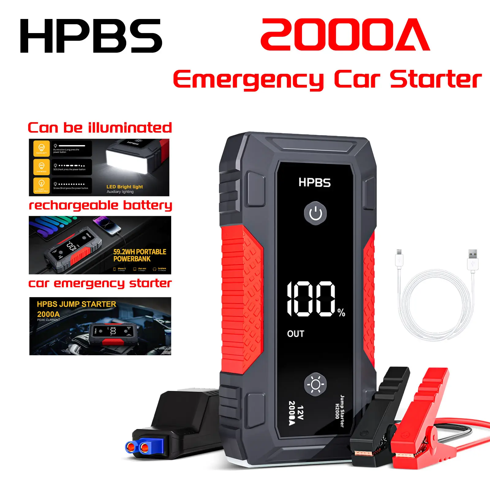 【HPBS】Portable Car Jump Starter with 20000mAh Power Bank 2000A Peak Current & LED Light Essential Vehicle Emergency Kit Essential Vehicle Emergency Ki