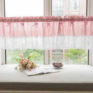 1PC Plaid Lilian Short Curtain for Kitchen Dining Room, Blue French Country Romantic Mesh Window Drapes, Grid Patchwork Coffee Curtains, Home Textile, Home Decoration Curtain