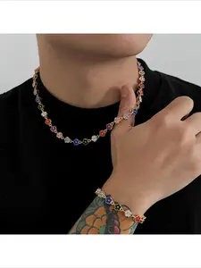 Men's Colorful Clover Jewelry Set Rainbow Crystal Flower Necklace & Bracelet Unisex Y2K Statement Jewelry MensJewelry CloverStyle