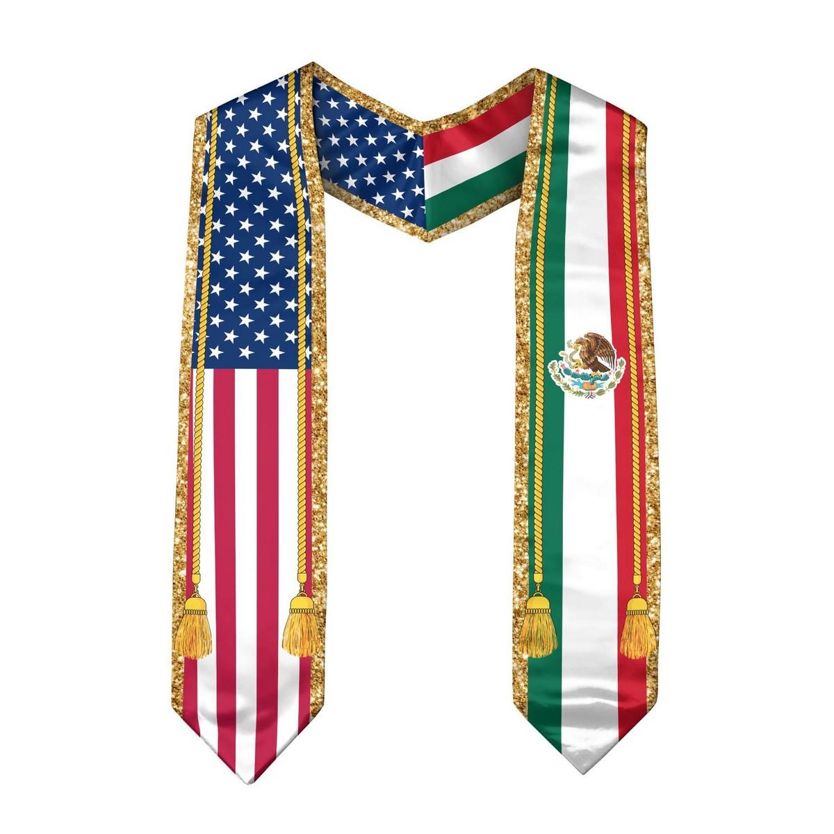 Mexico USA Flag Graduation Stole 2026 - Mexican American Sash with Gold Trim & Tassels Class of 2026
