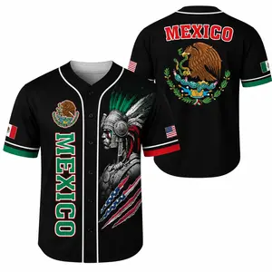 Mexico Eagle Snake Baseball Jersey, Black Gold Mexican Heritage Shirt, Aztec Pattern Button Up Jersey, Patriotic Mexico Gift