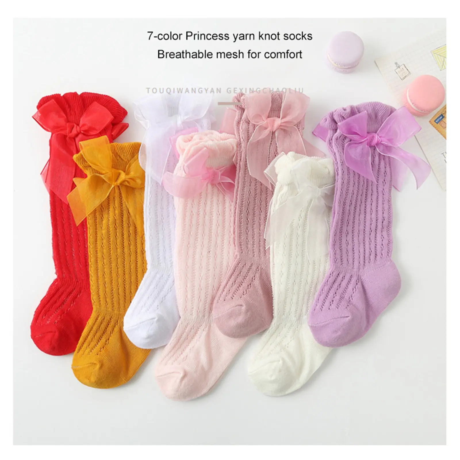 Infant Baby Girls Cotton Blend Princess Look Over-The-Knee Socks Set, Solid Color, Cute Bowknot, Breathable, Loose Cuff