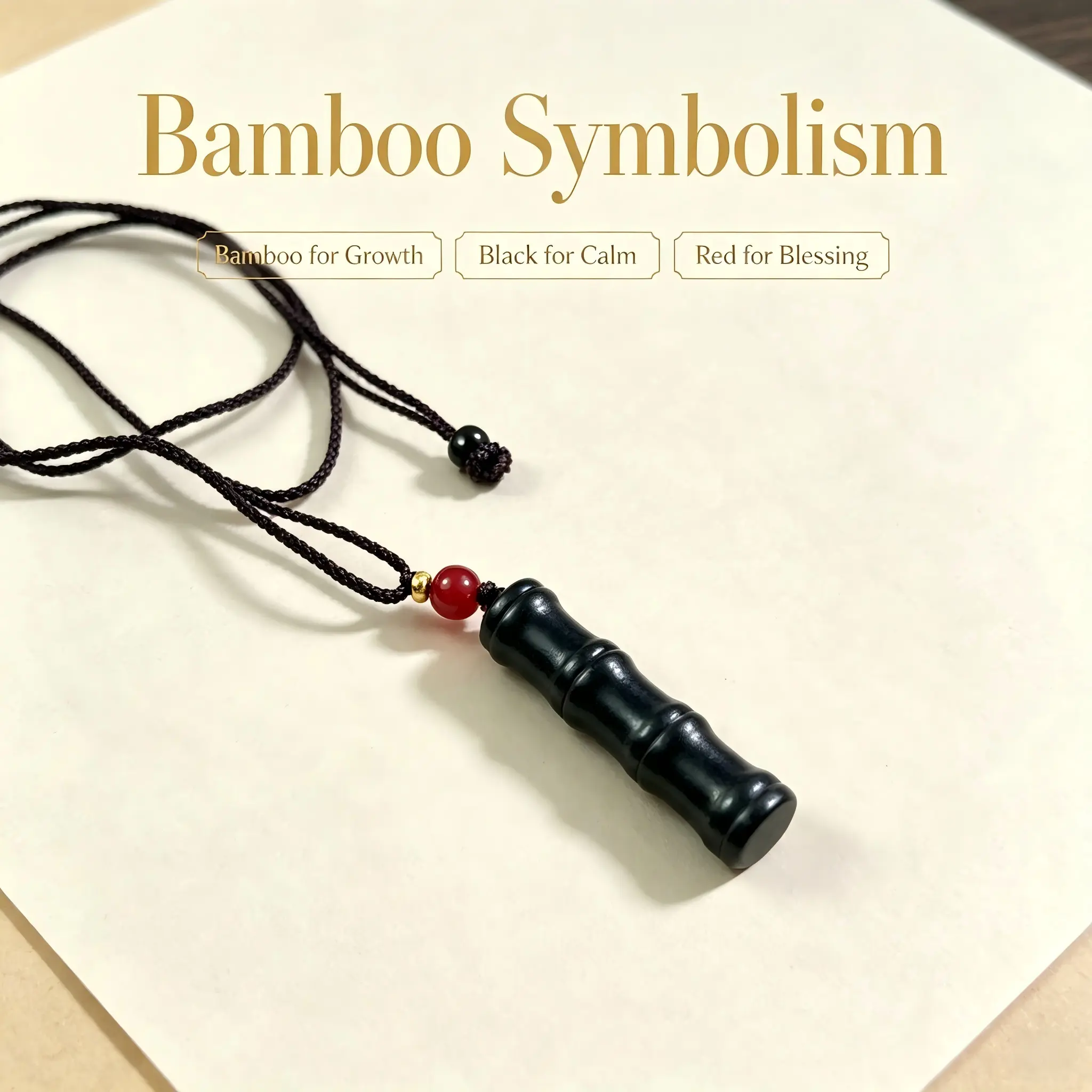 Polished Black Stone Bamboo Segment Carved Pendant with Adjustable Cord, Traditional Oriental Stone Craft Collectible Decorative Neck Ornament