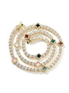 18k Plated Zircon Clover Necklace, Four Leaf Clover Links, Full Cz Tennis Style, Hip Hop Inspired Jewelry Gift