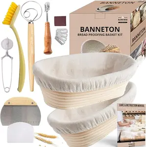 Banneton Bread Proofing Basket Set of 2-10 inch Oval Banneton Baskets Sourdough Bread Baking Supplies and Tools - Bread Lame, Dough Whisk, Scraper, Flour Duster