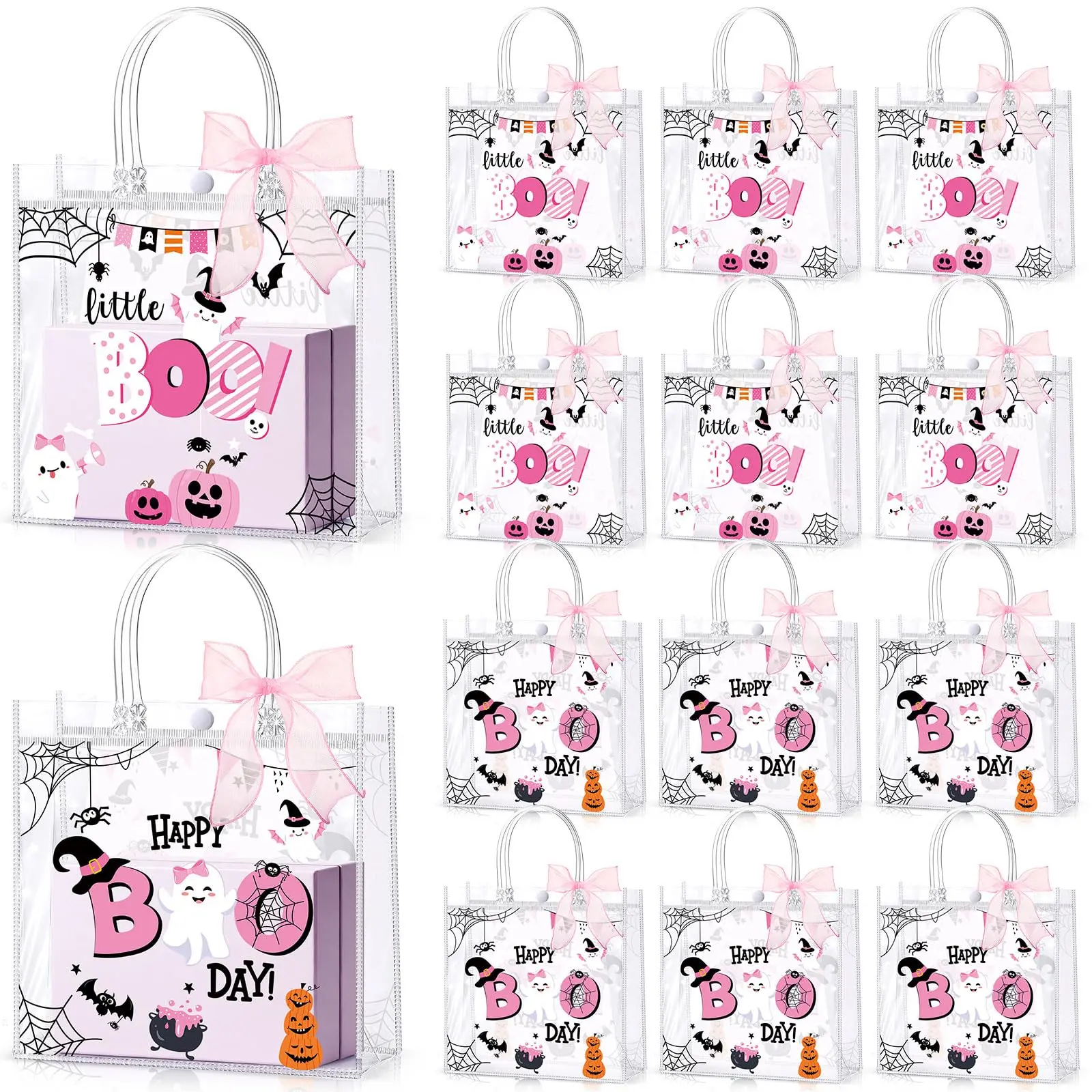 30 Pcs Halloween Goodie Bags Pink Boo Gift Bags Clear PVC with Handle Organza Ribbon Roll, Treat Pouches for Kids Students Adults, Trick or Treat Summerween Birthday Party Favor Supplies