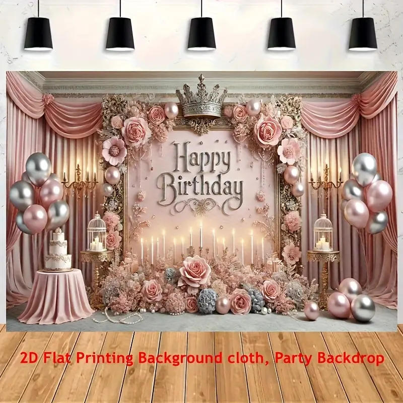 Polyester Pink and Golden Floral Birthday Photo Backdrop with Happy Birthday Text - Flowers Decor for Cake Table, Party Use by Content Creators (Indoor, Outdoor)