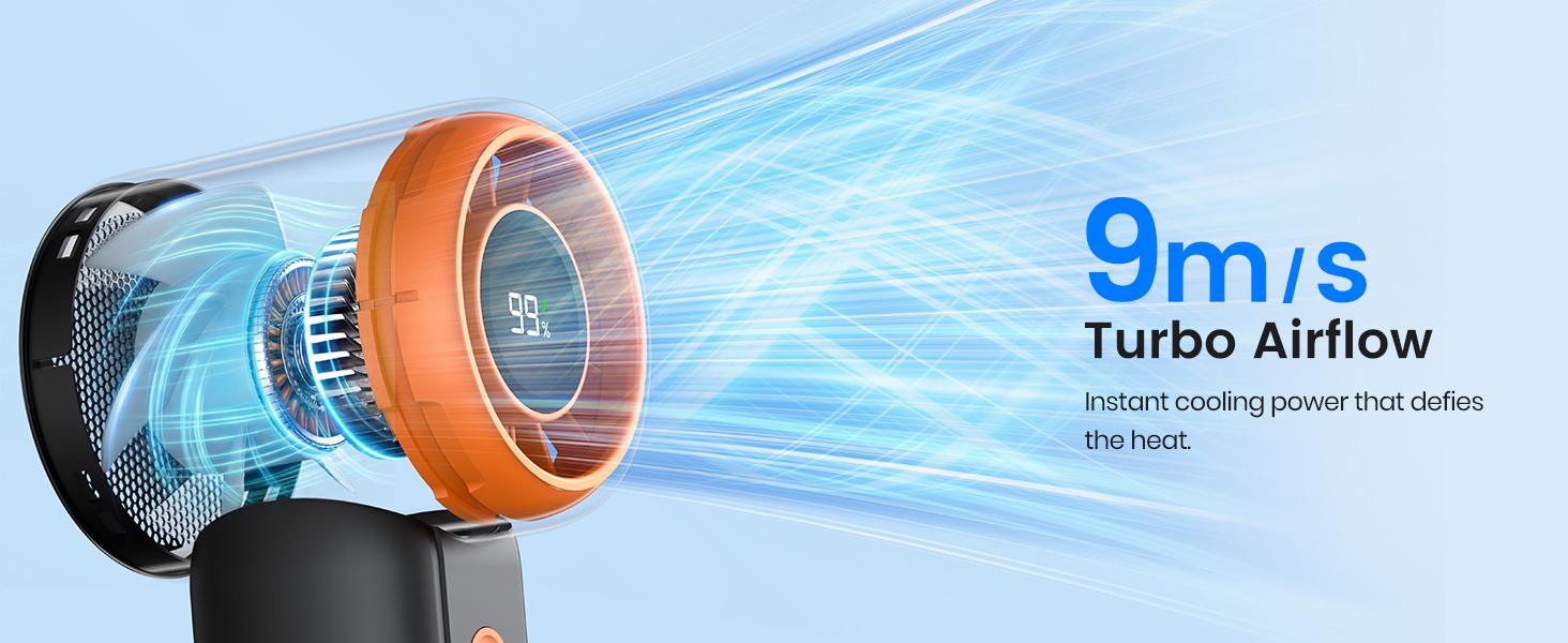 Warmco 15000RPM Turbo Fan, 5000mAh Portable Handheld Fan Rechargeable, High Speed Mini Personal Fan with 5 Speeds and LED Display. USB-C Battery Powered Desk Fan for Office, Travel, Outdoor Camping and Makeup