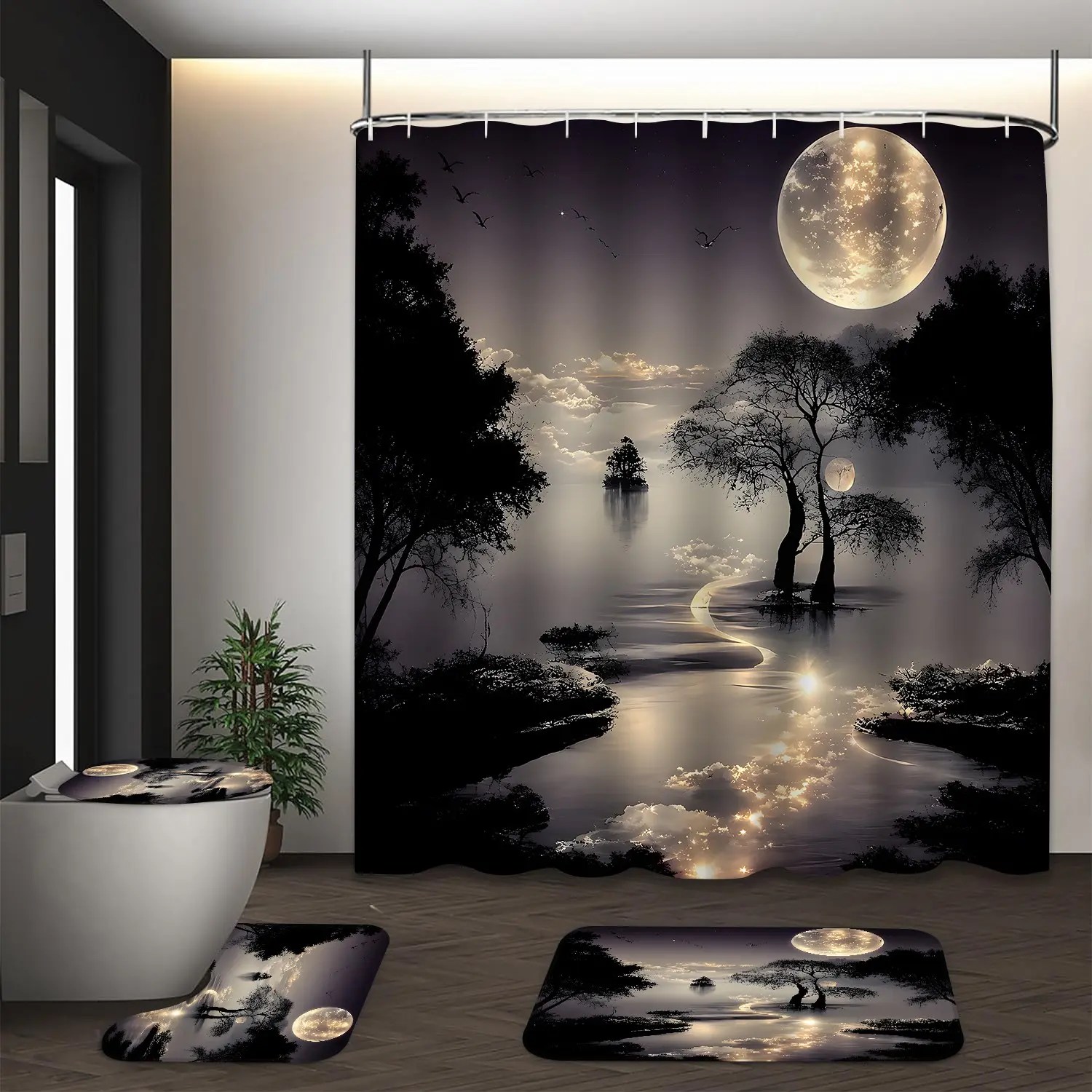 LVRLVR 4Pcs Full Moon Lakeside Tree Silhouette Nature Nightscape Moonlight Print Cloud Dark Neutral Elegant Tone Shower Curtain Set 70.8×70.8 Inch