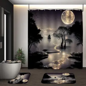 LVRLVR 4Pcs Full Moon Lakeside Tree Silhouette Nightscape Print Dark Neutral Elegant Tone Shower Curtain Set 70.8×70.8 Inch
