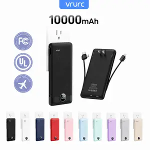 VRURC 10000mAh Power Bank with Built-in AC Plug & Cable, USB-C PD20W Fast Charging, LED Digital Display, Portable Charger for iPhone Android Compact Micro