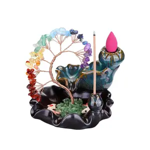 Backflow Incense Burner Ceramic Incense Waterfall,7 Chakra Stones Healing Crystal Money Tree Incense Holder for Wealth, Good Luck, Yoga Meditation, Home Decor