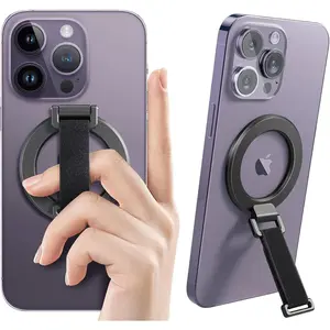X-PRH15  for MagSafe Phone Grip with Finger Strap, Removable Magnetic Ring Holder with Kickstand Finger Loop, MagSafe Accessories for iPhone 16/15/14/13/12 Series, Black Stick Folding