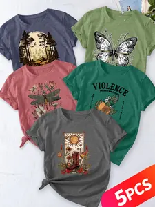 Women's 5-Pack Casual Landscape, Vintage Butterfly, Watercolor Dragonfly, College Slogan & Sunflower Boot Print, Multiple Colors Available, Machine Washable, Spring & Summer Top, Soft Skin-Friendly Fabric, Daily Versatile, Fashion Design