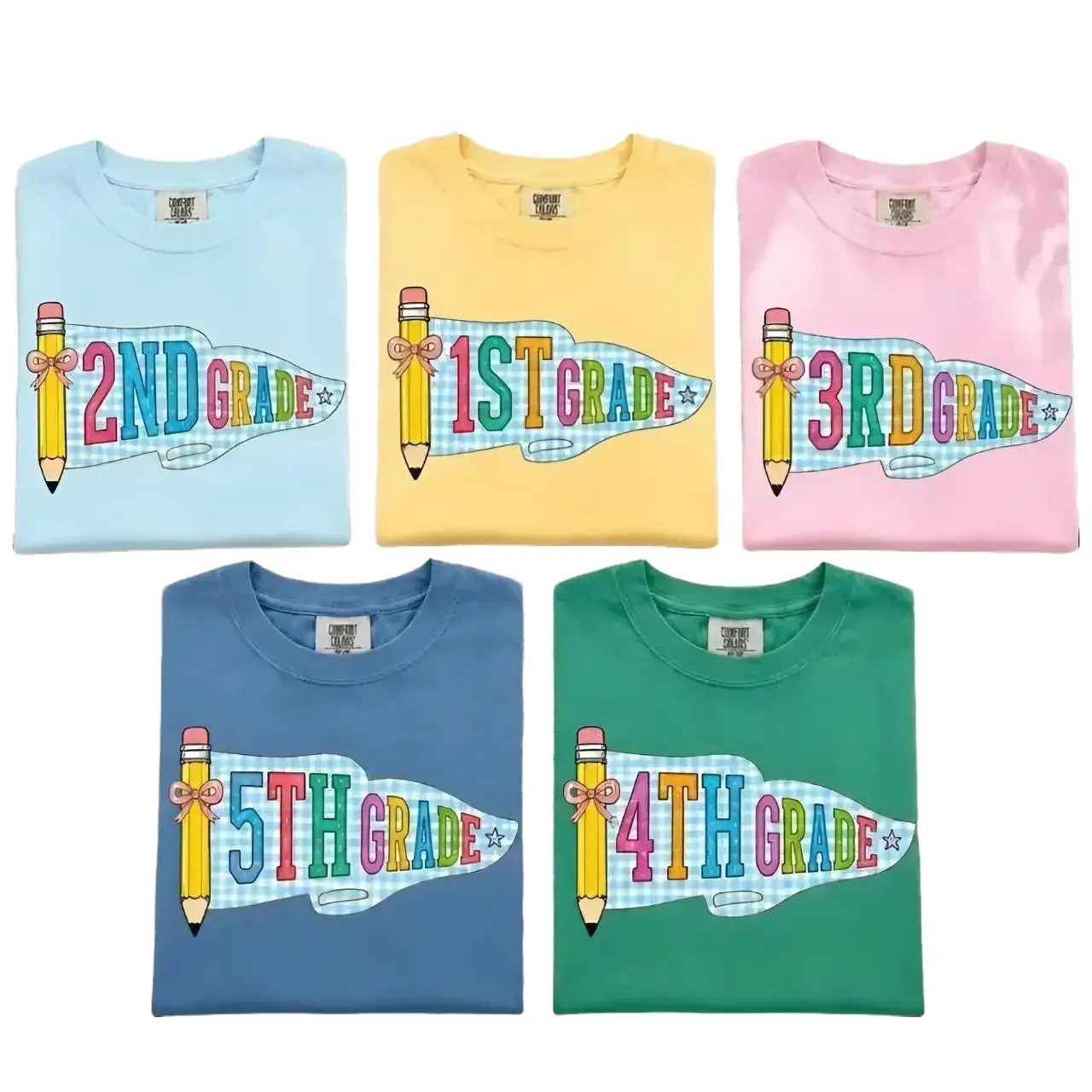 Back To School Grade Level Comfort Colors T-Shirt, Pencil Bow Teacher Shirt, 1st 2nd 3rd 4th 5th Grade Teacher Student Shirt, Cute Pencil Flag Graphic