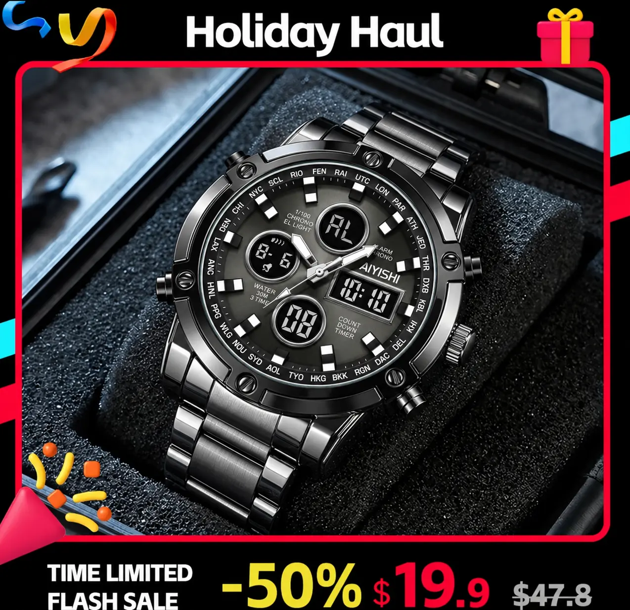 AIYISHI Men’s 49mm Digital-Analog Sports Watch with Stainless Steel Strap, 30M Water Resistance, LED Display, Alarm, Calendar, Luminous Outdoor Watch 2356