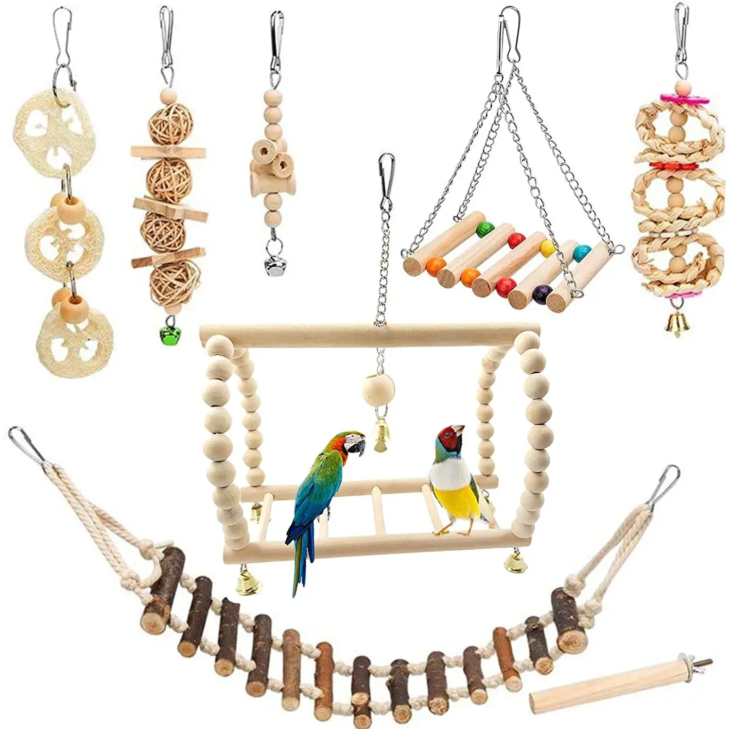 8 Pack Extra Large Bird Toys for Parakeet Toys for Bird Cage Accessories Parakeets Swing Chewing Toys, Dinosam Wooden Bird Toys for Cage Parrots Toys, Bird Training Toys, Parrot Hanging Swing DINOSAM