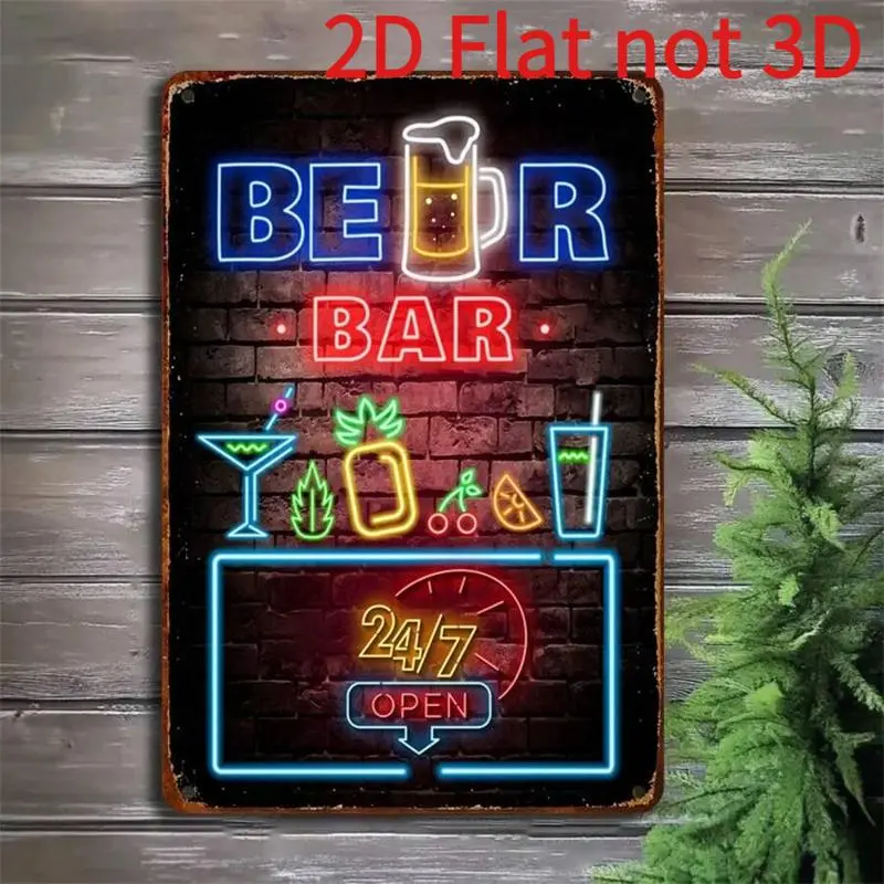 Neon Beer Bar Tin Sign - 8x12 In (20*30cm/11.81x7.87 In) Metal Iron Decor, Decorative Lights Wall Plaque for Adults’ Game Room, Bar Pub Lounge Home Supplies
