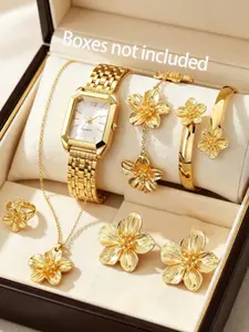 7pcs Elegant Roman Numerals Women's Quartz Watch, Zinc Alloy, Floral Jewelry Set, Accessory Set, Trendy Watch Set, Perfect Gift for Mom and Girlfriend, All Seasons
