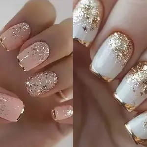 48pcs Short Square Nail Tips Set, Glossy Glitter Design, French Press-On Nails, Reusable & Removable, for Women & Girls