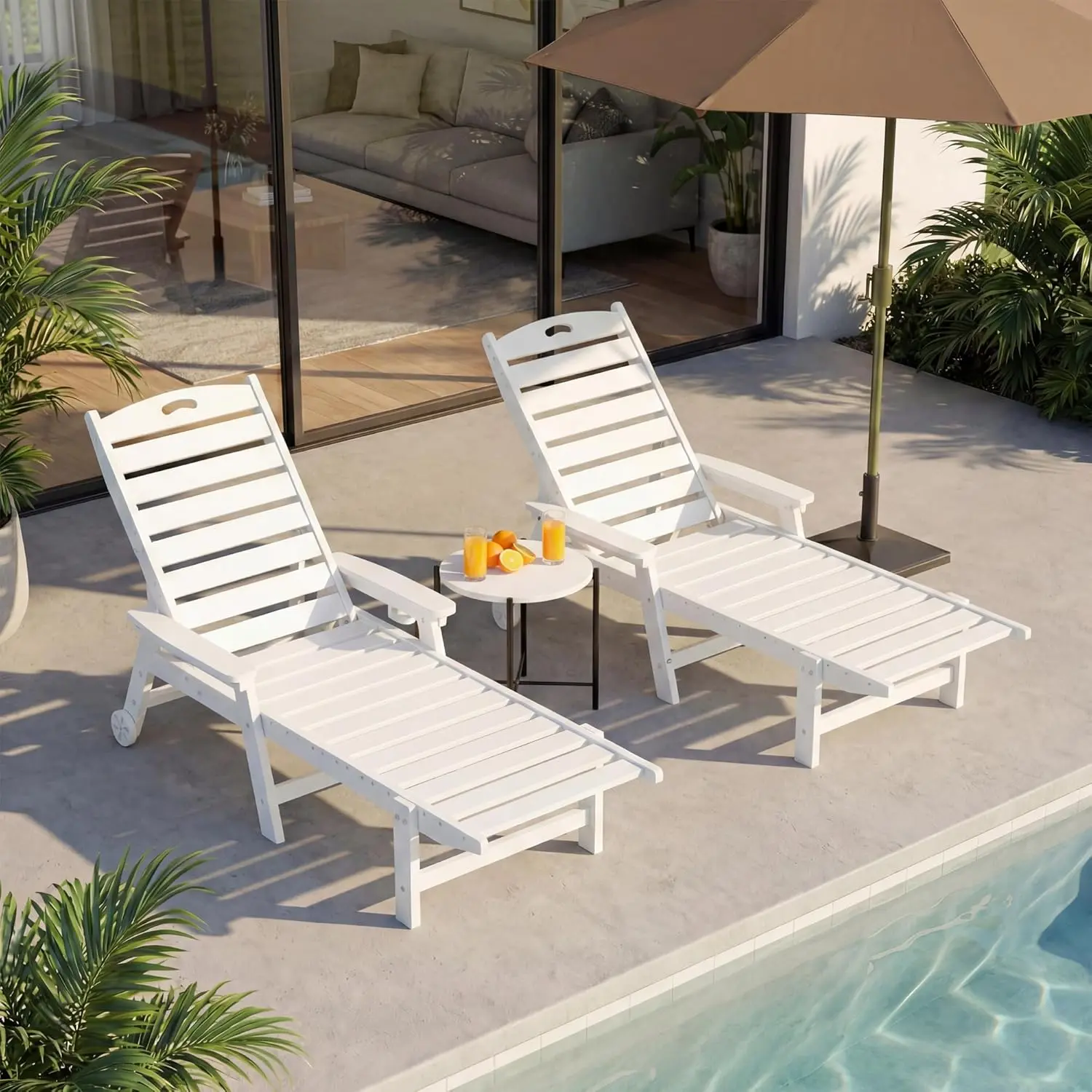 LAUSAINT HOME Outdoor Chaise Lounge Chair, Oversized HDPE Pool Lounge Chair, 4 Positions Adjustable Pool Chair with Wheels, Patio Tanning Chair for Poolside, Beach, Backyard, White