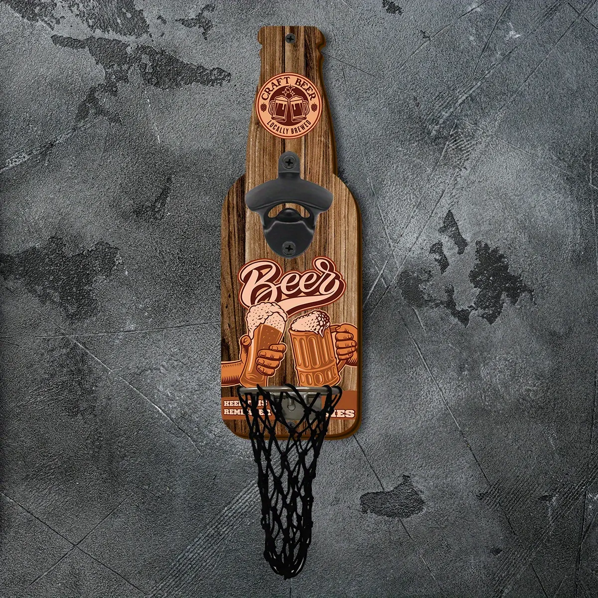 1pc Vintage Industrial Wooden Beer Bottle Opener with Cap Storage, Wall-Mounted Bottle-Shaped Opener for Home Bar and Outdoor Dining, Drink Accessories