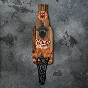 1pc Vintage Industrial Wooden Beer Bottle Opener with Cap Storage, Wall Mounted, Perfect for Home Bar & Outdoor Dining, Bottle Shape Opener