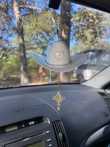 Mary Cross Car Charm,Mini Cowboy Hat Charm,Car Rosary,Car Blessings,Rear view Mirror Decor,Custome Initial Letter