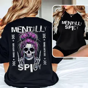 Mentally Spicy Hoodie Sassy Skull with Purple Messy Bun and Skeleton Hands Funny Unisex Sweatshirt with Handle With Care Vibes for Spicy Souls Black Long Sleeve Pullover