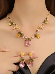Delicated Crystal Necklace & Earring Set, Fashion Multi Color Leaf Teardrop Sparkling Necklace Earrings Set, Luxury Zircon Classic Jewelry, Wedding & Party Dress Accessories, Pretty Gift for Her