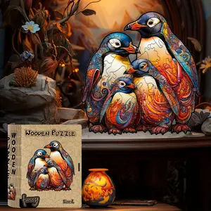 Colorful Penguin Family Jigsaw Puzzle, High Difficulty Magic Puzzle Toy, Wooden Box Brain Teaser, Animal Shape, Ideal Gift for Adults