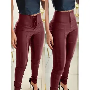 High-Waisted Tummy Control Women’s PU Leather Skinny Pants – Zipper Fly, Anti-Chafe Lining, Double-Layer Support, Red, Casual Style, Comfortable Fit