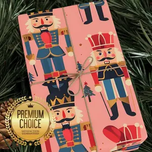 Vintage Nutcracker Holiday Wrapping Paper with Pink Background, Festive Toy Soldier Giftwrap for Christmas and Birthdays