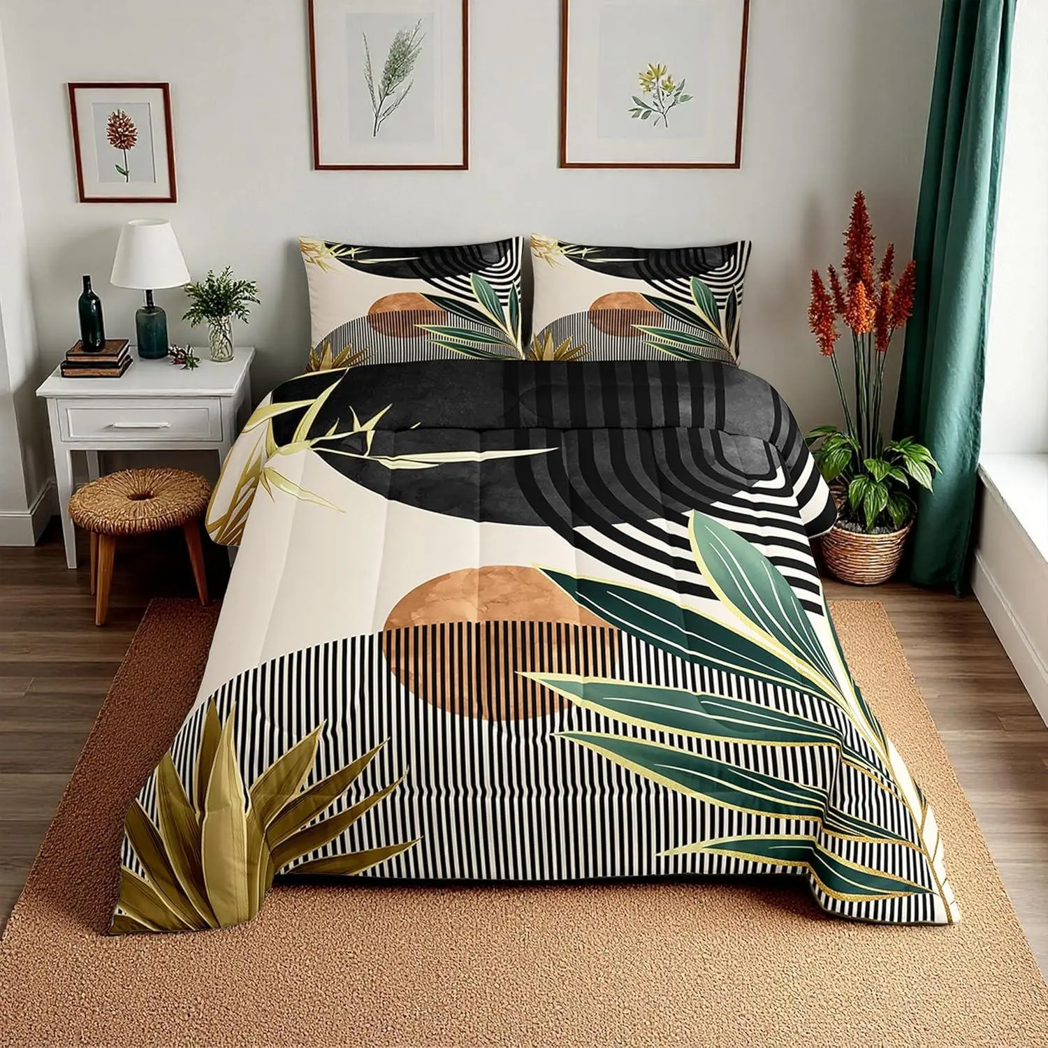 Feelyou Mid-Century Modern Comforter Set - Boho Botanical Minimalist Bedroom Bedding Set, Vintage Line Art Down Comforter, Modern Simple Abstract Aesthetic Decorative Duvet, Decorative Bedding Set