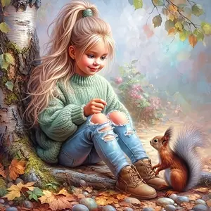 Handmade DIY Diamond Painting Kit, Cute Girl & Squirrel Full Drill Art, Living Room Bedroom Healing Decor, 5D Round Flat Drills (20x20/30x30/40x40/50x50cm)