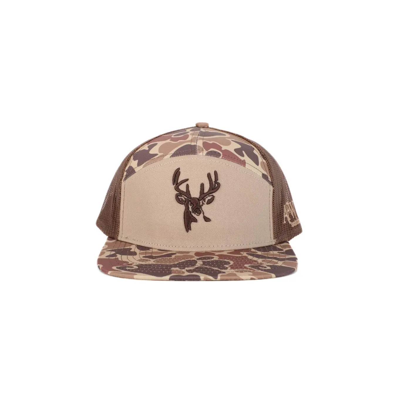 American Flyway Waterfowl Men's Buck 7-Panel Trucker, Dad Style Cap with 3D Puff Embroidery and Brown Mesh, Flat Visor, Adjustable Snapback Size for Adventure Sports & Outdoor