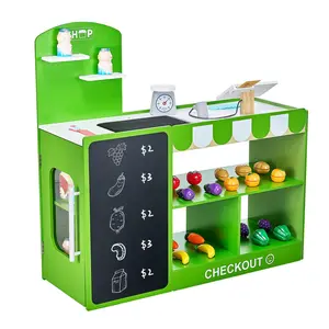 VEVOR Kids Grocery Store Playset,  Wooden Play Market Stand with Shopping Bag, Kids Supermarket Pretend Play Store with Conveyor Belt, Scanner, Cash Register, Realistic Scale, Gift for Boys & Girls