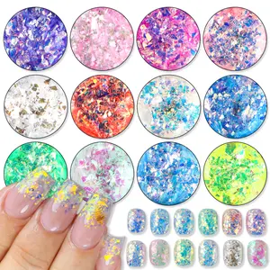 12 Box Aurora Opal Glitter Flakes, Iridescent Holographic Irregular Sequins, Mermaid Chameleon Effect Nail Art Decorations Unscented Manicure Supplies