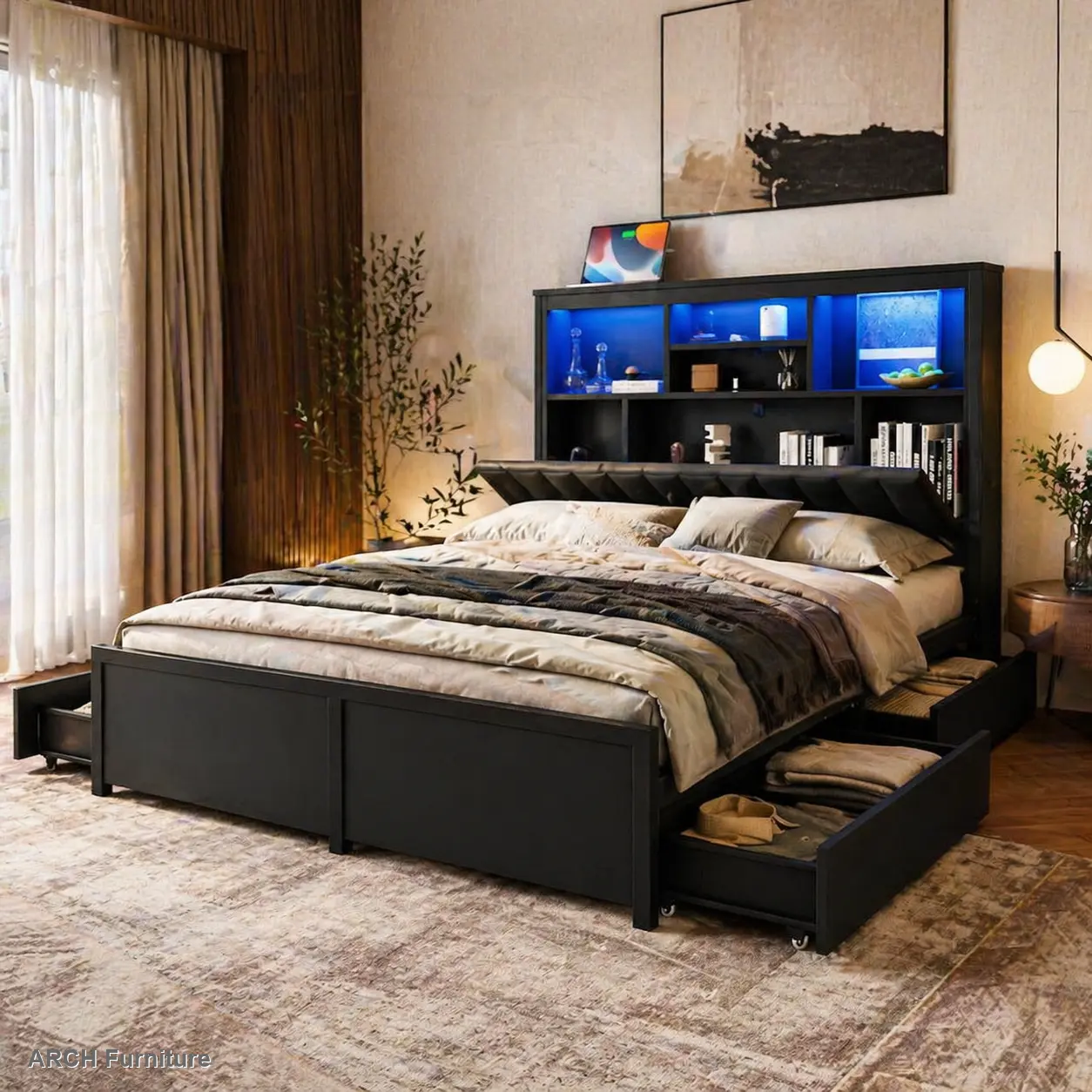 Vintage ARCH Queen Metal Bed Frame - Rustic Look, High-Storage Headboard, LED-Accented Lighting with Control, Charging Station, 4 Storage Drawers, Easy Setup, Noise-Free All-Metal Support, No Box Spring Needed, Black Spacious Bed Frame, Metal Bed Frames,