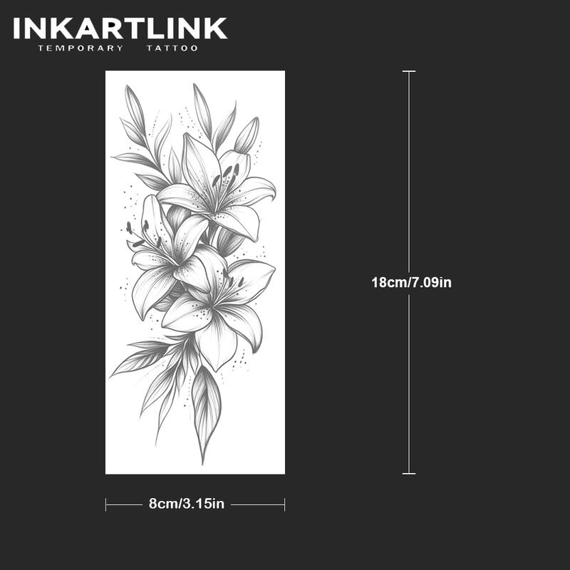 INKARTLINK Tattoo Tech, 2 Sheets Semi-Permanent Temporary Tattoos ,Lilies,Adult Art Design,Lasts 1-2 Weeks, Waterproof, Realistic Look, No Adhesive, No Reflection,For Man And Woman,Ideal for Swimming, Party