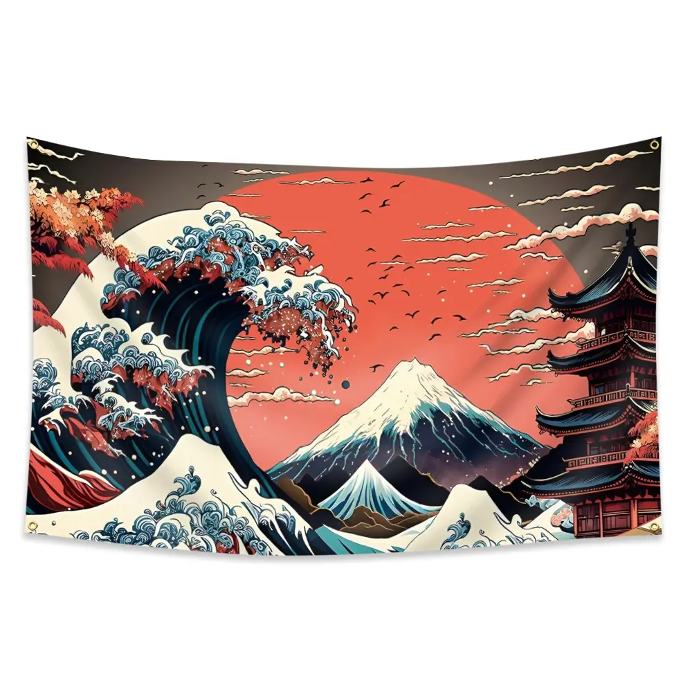 1pc, Japanese Scenery Wall Hanging Tapestry, Tapestry Wall Mural, Ukiyo-E, Mount Fuji & Spray, 2*3ft(60*90cm)/3x5ft(90*150cm), 4 Grommets, Single-Sided Printing, for Indoor, Outdoor, Home, Bar, Yard, Garden, Activities, Decorations