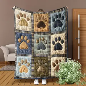 Plush Paw Print Blanket, Multicolor Dog & Claw Pattern Printed, Soft Patchwork Flannel, All-Season Sofa Bed Air Conditioning Cover, Travel Camping Bedding