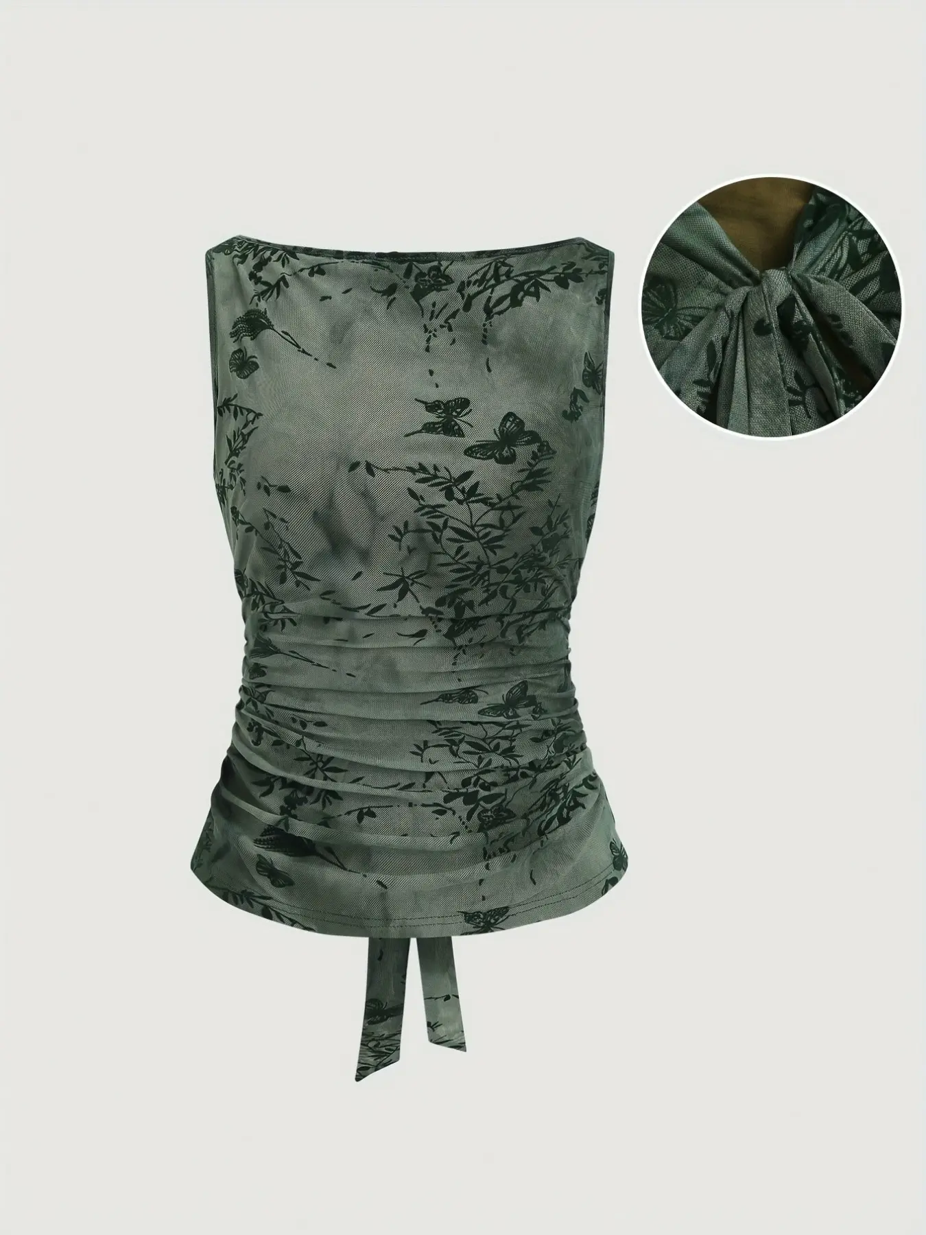 Butterfly Leaf Floral Print Back Tie Mesh Breathable Elegant Sleeveless Halter Top, Slimming Fairy Chic Style Upper, Elegant Design for Women, Perfect for Everyday Wear