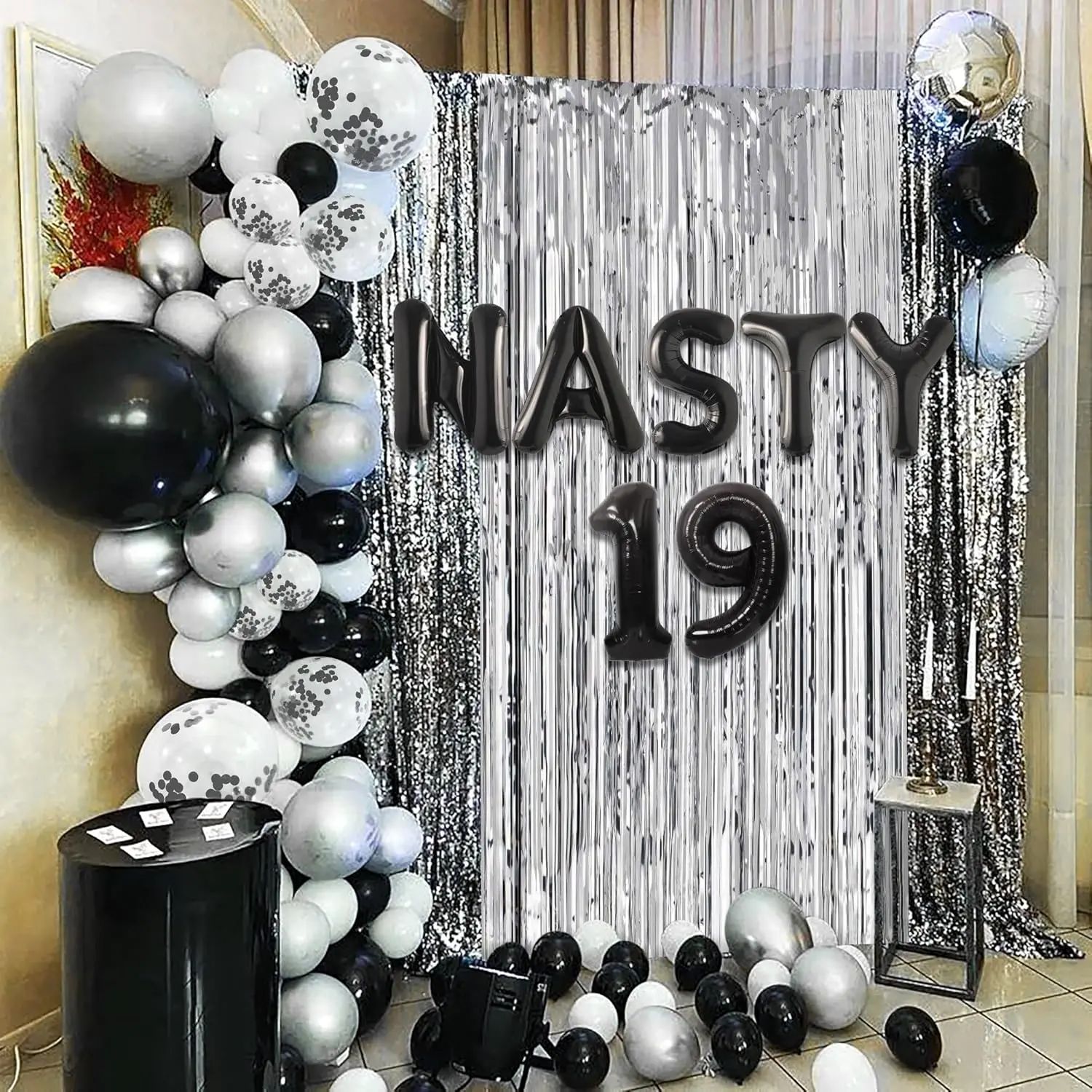 19th Birthday Party Decorations Set for Men - Black Themed Nasty 19 Sign, Funny Balloons, Festive Home & Party Supplies