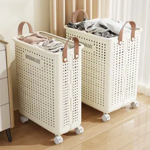 Foldable Large Capacity Laundry Basket with Wheels, White + Gray Handle, Modern Simplicity, for Yoga Mat Fitness Equipment, Narrow Space Storage, General Use, Bathroom, Balcony, Laundry Room
