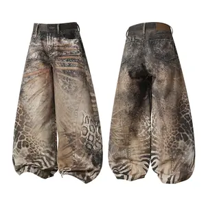 Women's Mixed Animal Print Baggy Wide Leg Jeans, High Waist Vintage Distressed Zebra Leopard Spliced Denim Pants, Retro Western Y2K Grunge Streetwear Trousers, Oversized Voluminous Fit Bottoms for Alt Fashion, Skate Culture & Wild Casual Daily Street