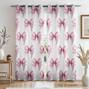 2 panels Coquette Pink Bow Blackout Curtains, Home Decorative Curtain, Watercolor Ribbon Print Sun Block Window Treatments for Bedroom Balcony, Cute Girly Room Decor