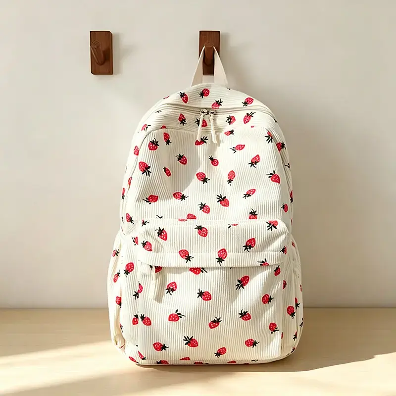 Cute Strawberry Corduroy Backpack for Women, Large Capacity Aesthetic Laptop School Bag, Kawaii Fruit Pattern College Bookbag with Laptop Slot, Lightweight Travel Daypack, Back to School Backpacks for High School Girls Gifts