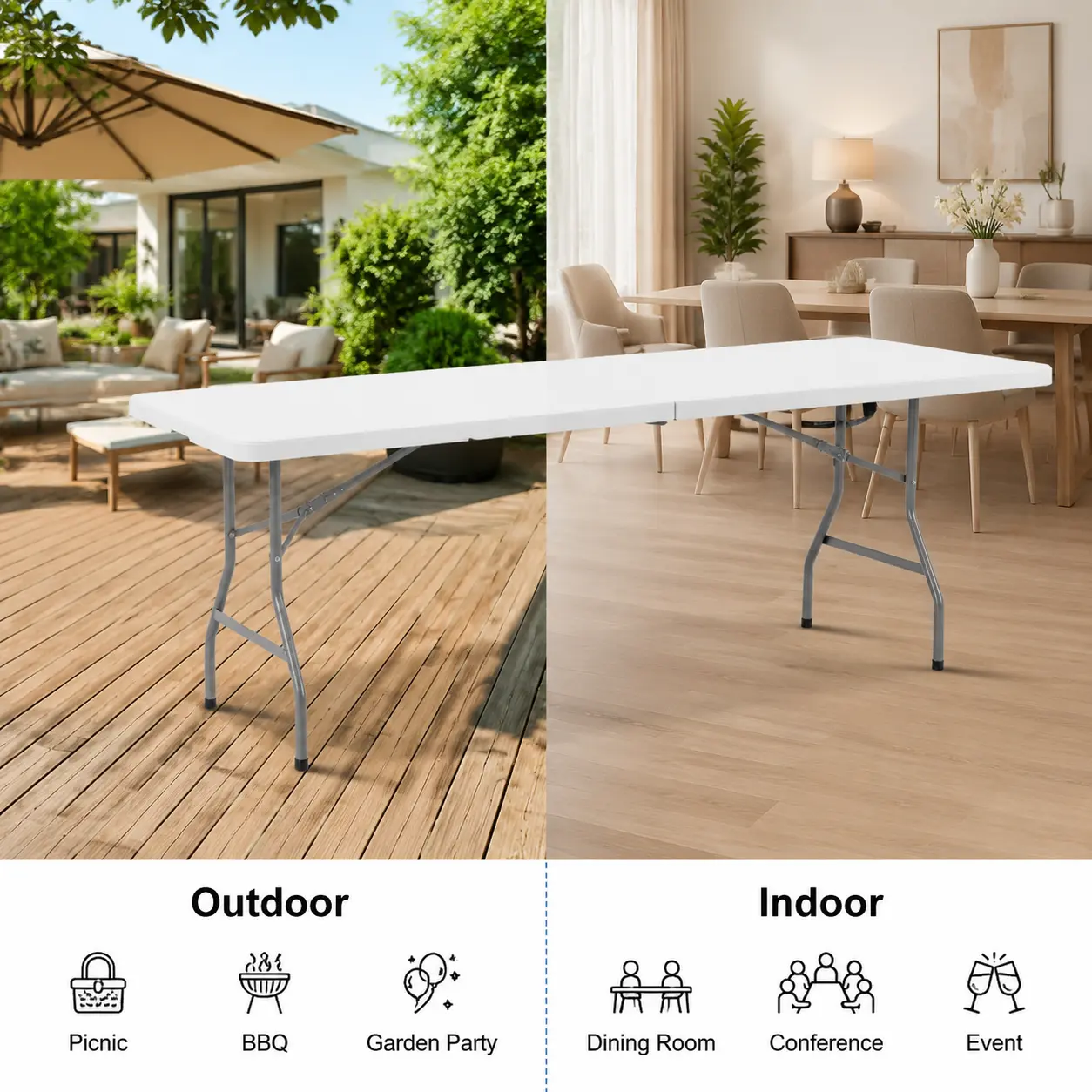 White Plastic Folding Table – Height Adjustable, Fold-in-Half Design, Versatile Use for Indoor & Outdoor Camping, Kitchen, Beach, and Parties